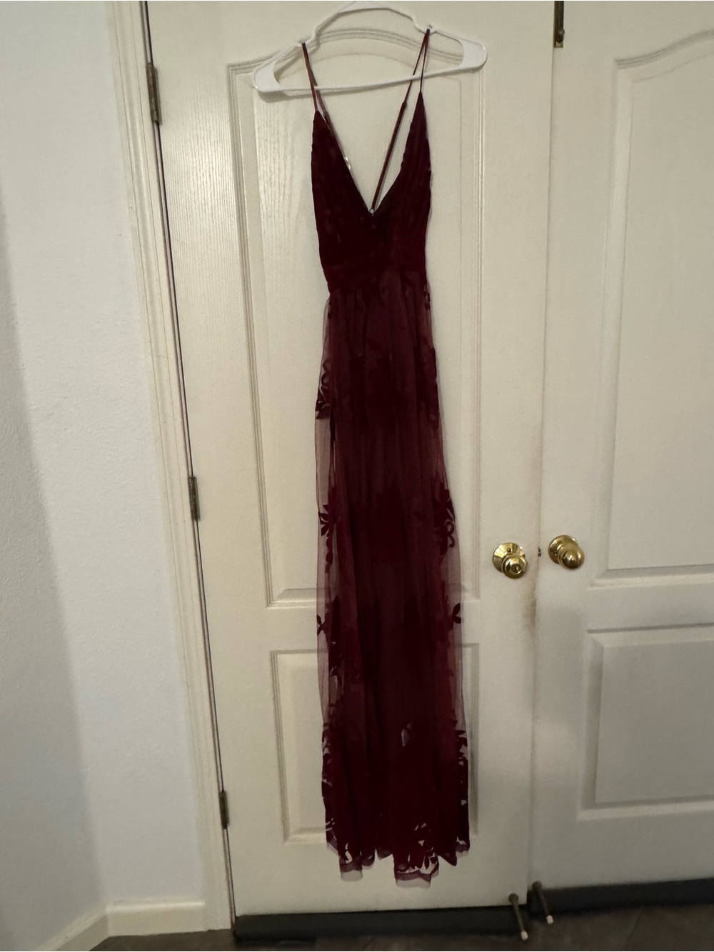 Windsor Burgundy Plunge V-Neck Tulle Evening Dress